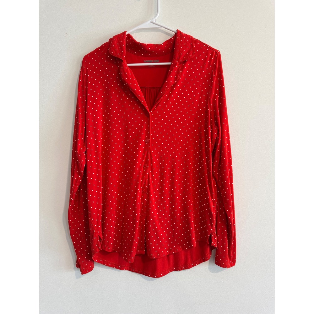 Lands' End‎ Polka Dot Pajama Top Women Size S Red Button Front Long Sleeve